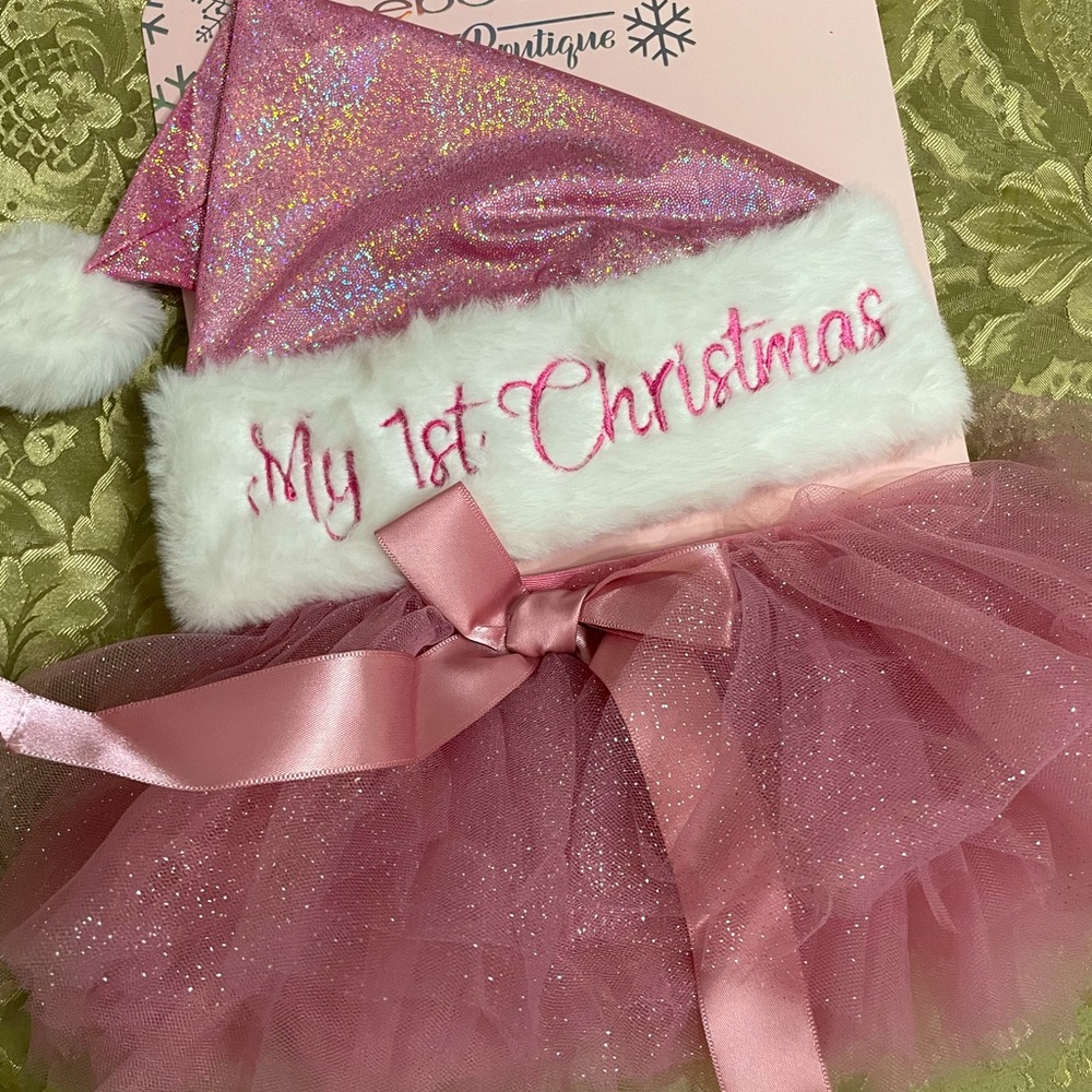 Pink & white 1st Christmas Santa hat & skirt set